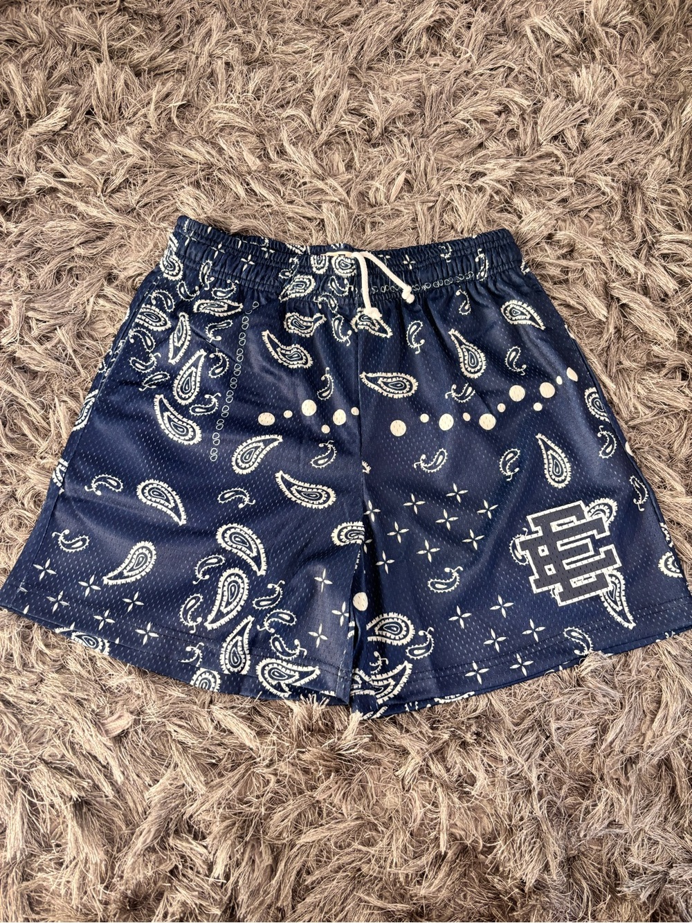 Eric Emanuel Navy Paisley Athletic Shorts with White Drawstring